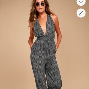 Lulu's Black Geometric Jumpsuit with Plunging Neckline